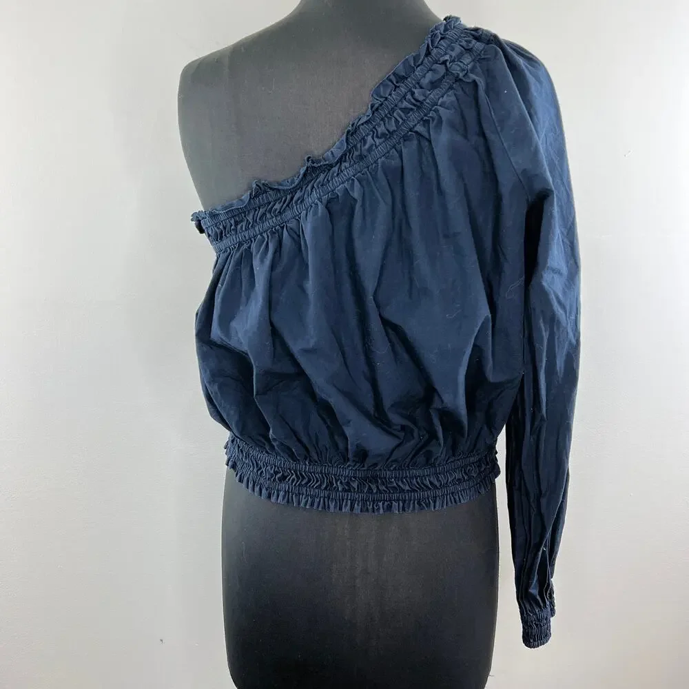 Free People Navy Blue Long Sleeve Women's Cotton One Shoulder Blouse Top Size L